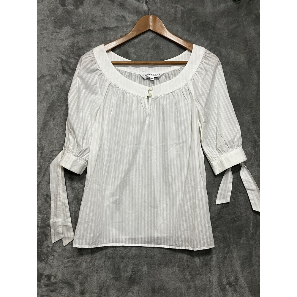Trina Turk White Striped Cotton Tie Sleeve Scoop Neck Blouse Medium Minimalist